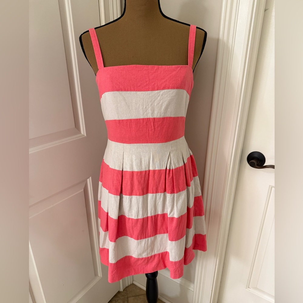 LOFT Pink and Beige Striped Linen Dress